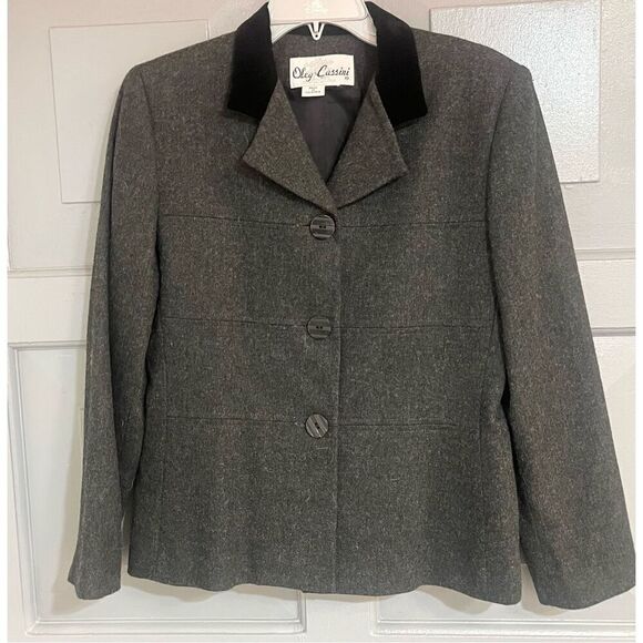 Oleg Cassini Vintage Gray Wool Black Velvet Collar Button Down Blazer - Picture 1 of 6